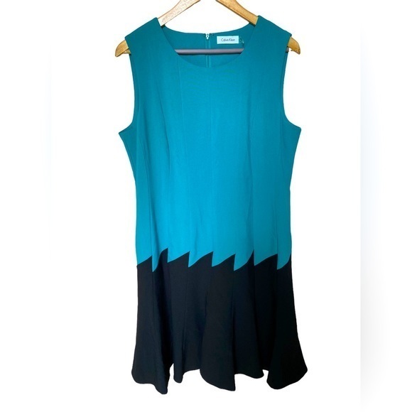 Calvin Klein Women Sleeveless Teal Top Black Bottom Seamed Princess Dress 14 New